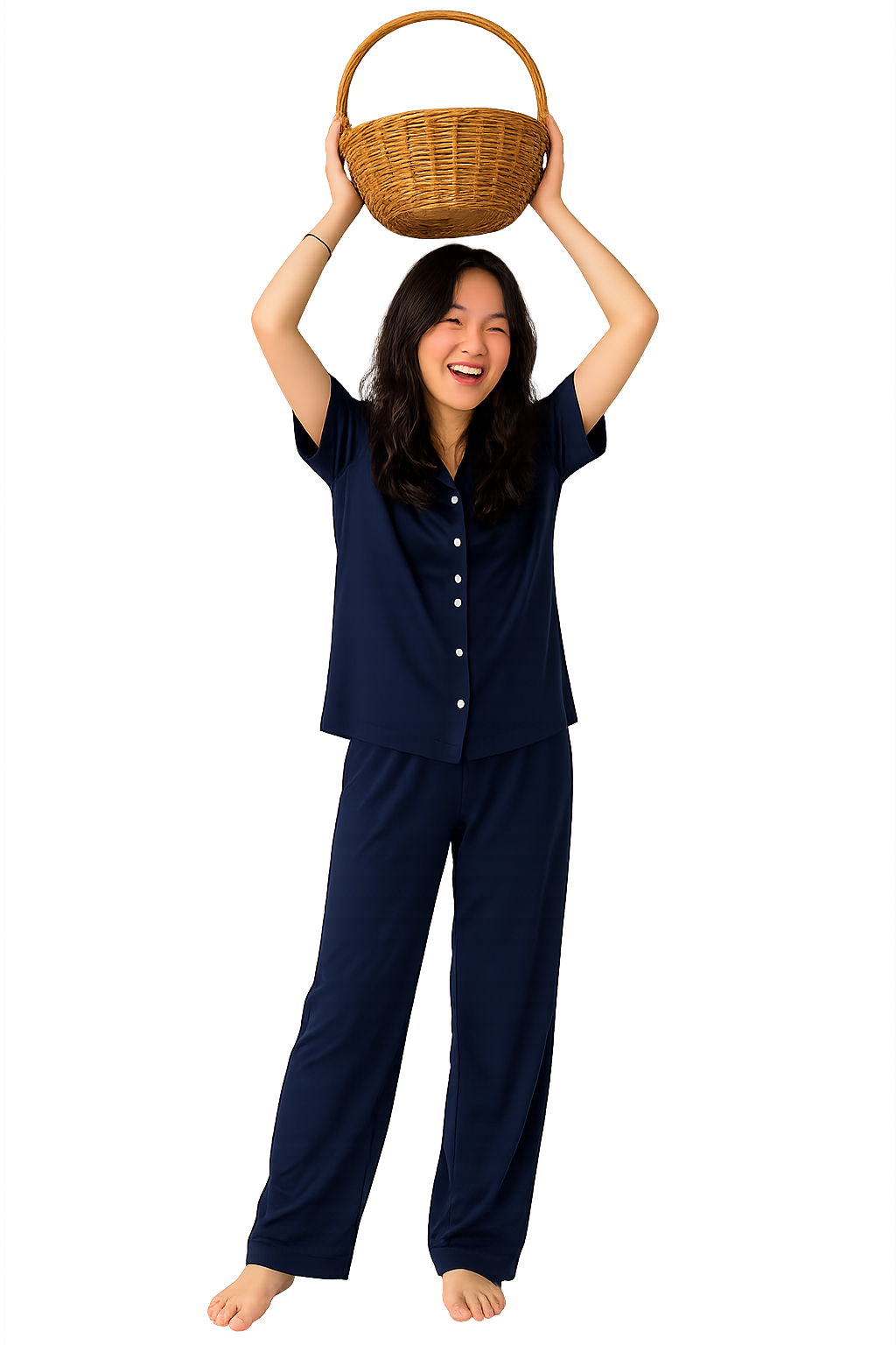 Girl holding a basket above her head
